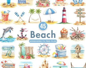 Pacote de clipart de praia em aquarela: 45 PNGs costeiros pintados à mão (download digital)