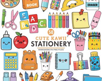 Cute Stationery Clipart, Kawaii School Supplies PNG, Back School Clipart, Teacher Classroom Decor, Pastel School Supplies, Commercial Use