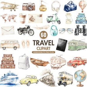 Watercolor Travel Clipart, Vacation Clipart, Boho Travel Graphics, Vintage Luggage Clipart, Airplane Clipart, Travel Planner, Commercial Use