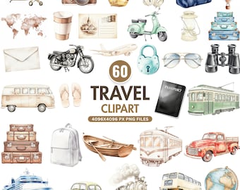 Clipart de viajes en acuarela, clipart de vacaciones, gráficos de viajes bohemios, clipart de equipaje vintage, clipart de avión, planificador de viajes, uso comercial