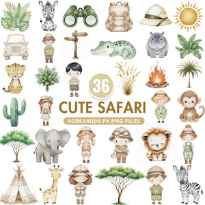 Cute Safari Animal Clipart, Jungle Animals PNG Bundle, Watercolor Baby Shower Clipart, Nursery Wall Art, Wild One Birthday, Digital Download