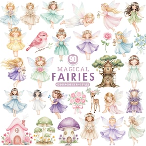 May include: A collection of 90 watercolor illustrations of fairies in various poses and outfits. The fairies are depicted with delicate wings, floral crowns, and dresses in pastel colors. The image also includes a pink bird, flowers, and a treehouse.
