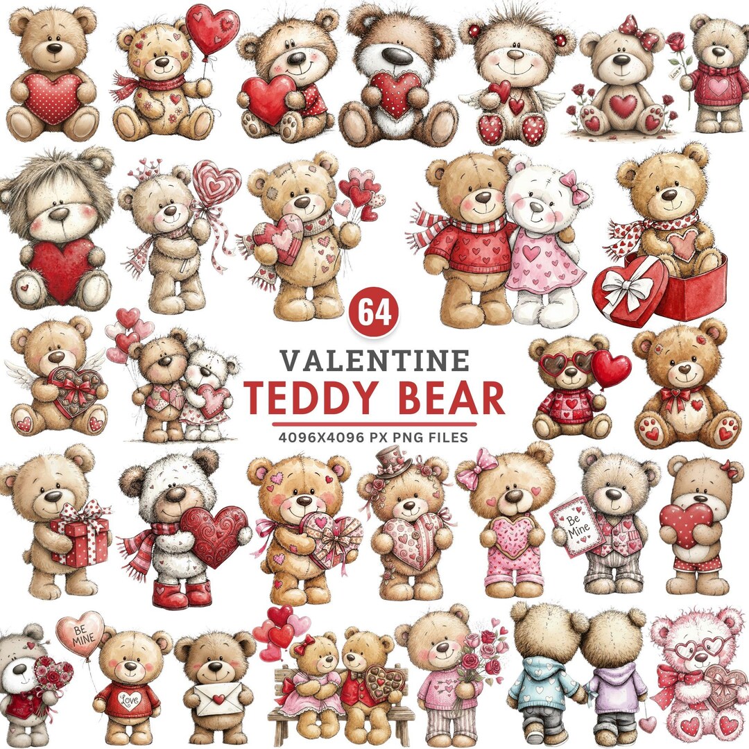 Valentines Teddy Bear Clipart, Watercolor Love Bear Pngs, Cute Romantic ...