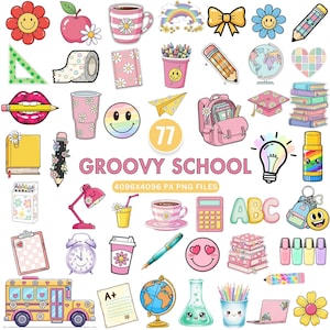 Groovy School Clipart, Retro Back To School PNG, Cute Teacher Sublimation, Kawaii School Supplies, Pastel Classroom Decor, Teacher Clipart