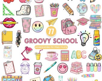 Groovy School Clipart, Retro Back To School PNG, Cute Teacher Sublimation, Kawaii School Supplies, Pastel Classroom Decor, Teacher Clipart