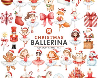 Watercolor Christmas Clipart, Christmas Ballerina Clipart, Cute Holiday Ballet, Xmas Princess PNG, Winter Ballerina, Baby Shower Clipart