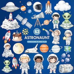 Little Astronaut Clipart, Outer Space Clipart, Watercolor Planets, Rockets, Cute Space PNG for Kids, Cute Astronaut Bundle, Galaxy Clipart