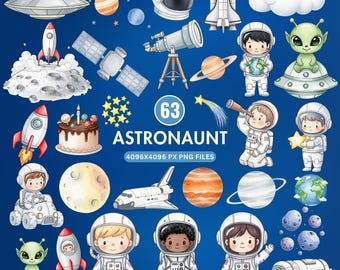 Little Astronaut Clipart, Outer Space Clipart, Watercolor Planets, Rockets, Cute Space PNG for Kids, Cute Astronaut Bundle, Galaxy Clipart
