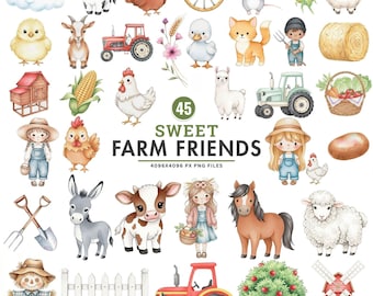 Farm Animals Clipart, Sweet Watercolor Baby Animals PNG, Barnyard Bundle, Tractor and Farmer Clipart, Farm Birthday Graphics, Commercial Use