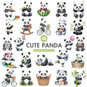 May include: A collection of 46 cute panda illustrations in various poses and activities. Pandas are shown playing musical instruments, riding bikes, eating watermelon, and more. The text "CUTE PANDA" is displayed in the center.