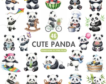 Watercolor Panda Clipart, Cute Baby Panda Clipart, Panda Illustrations, Kawaii Panda Digital Art, Nursery Animal Clipart, Commercial Use PNG
