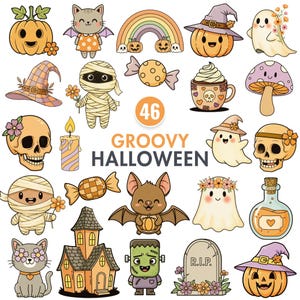 Groovy Halloween Clipart, Retro Halloween Png, Hippie Ghost Png, Pastel Halloween Illustration, Retro Flower Pumpkins, Cute Spooky Fall Png