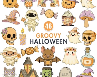 Groovy Halloween Clipart, Retro Halloween Png, Hippie Spöke Png, Pastell Halloween Illustration, Retro Blommiga Pumpor, Söt Spöklik Höst Png