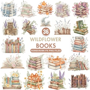 Wildflower Book Clipart, Floral Book PNG, Watercolor Books Clipart, Boho Book Bundle, Book Lover PNG, Junk Journal Clipart, Bookshelf Png