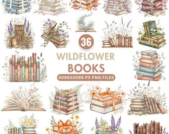 Wildflower boek clipart, bloemen boek png, aquarel boeken clipart, boho boekenbundel, boekenliefhebber png, junk journal clipart, boekenplank png