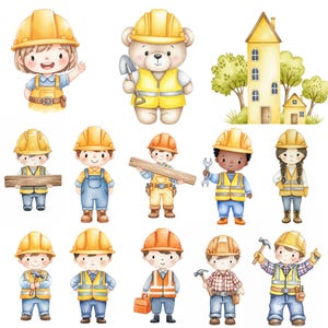 Watercolor baby boy truck clipart set with hand-painted construction vehicles, perfect for nursery wall art, party invitations, and crafts