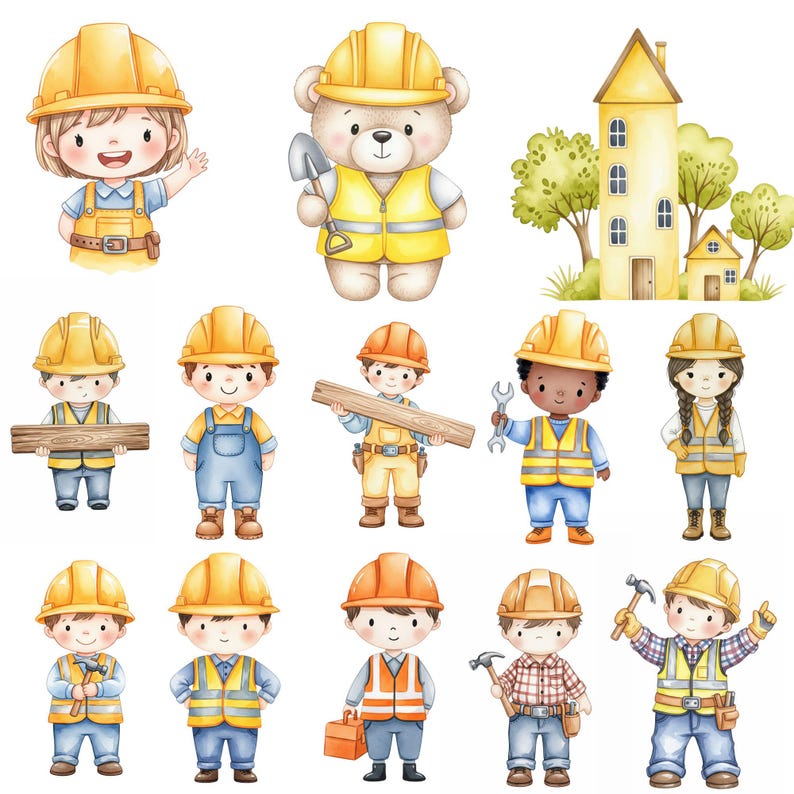 Watercolor baby boy truck clipart set with hand-painted construction vehicles, perfect for nursery wall art, party invitations, and crafts