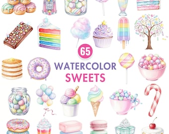 Watercolor Sweets Clipart, Pastel Candyland Clipart, Sweet Treats, Cupcake, Ice Cream, Macaron, Lollipop, Dessert Clipart, Commercial Use