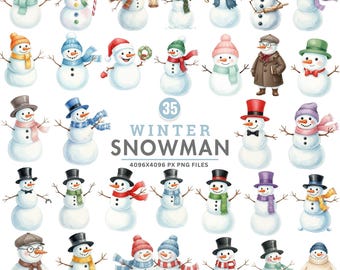 Christmas Snowman Clipart, Watercolor Cute Snowman Bundle, Whimsical Winter Clipart, Snowman Sublimation, Commercial Use, Instant Download