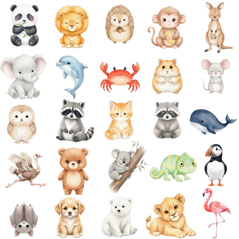 Watercolor Animal Clipart, Cute Safari Animals PNG, Baby Animal Png ...