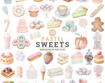 Pastel Sweets Clipart Bundle, Watercolor Candyland PNG, Sweet Treats Clipart, Cupcake Macaron Ice Cream Lollipop Donut, Gummy Bears Cake Png