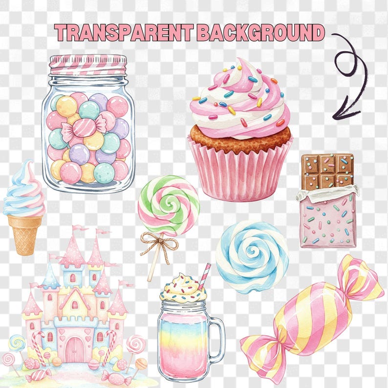Watercolor pastel sweet treats clipart for kids party decor or birthday invitations with lollipops, gummy bears, and cupcakes
