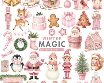 Pink Christmas Clipart, Watercolor Cute Christmas PNG, Santa, Reindeer, Gingerbread ,Snowman Clipart, Cozy Holiday Art, Commercial Use PNG