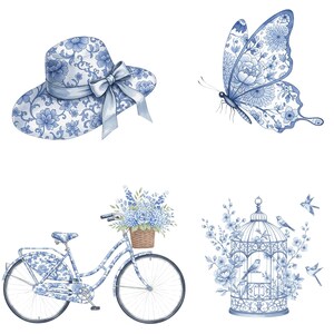 Blue toile watercolor baby clipart featuring vintage boy toys, balloons, bunnies, and delicate florals for invitations and scrapbooking