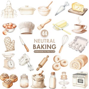Neutral Baking Clipart, Watercolor Baking PNG, Vintage Kitchen Clip Art, Mixer Illustration, Dessert Clipart, Bakery Clipart, Commercial Use