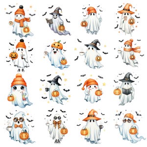 Cartoon-style Halloween ghost PNGs with soft pastel watercolor textures, ideal for kids Halloween party printables and digital scrapbooking.