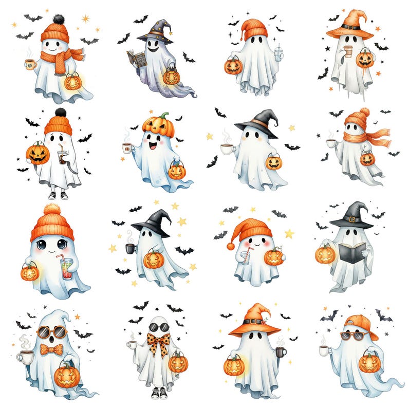 Cartoon-style Halloween ghost PNGs with soft pastel watercolor textures, ideal for kids Halloween party printables and digital scrapbooking.