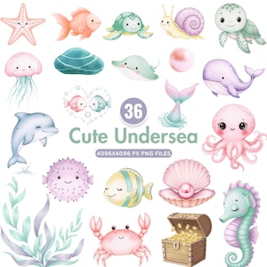 Schattige onderzeese clipart, aquarel oceaandieren png, walvis, octopus, kwal, kunst aan de muur kinderkamer, babyshower decor, zeeleven, kinderkamer kunst