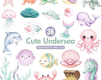 Cute Undersea Clipart, Watercolor Ocean Animals PNG, Whale, Octopus, Jellyfish, Nursery Wall Art, Baby Shower Decor, Sea Life, Kids Room Art
