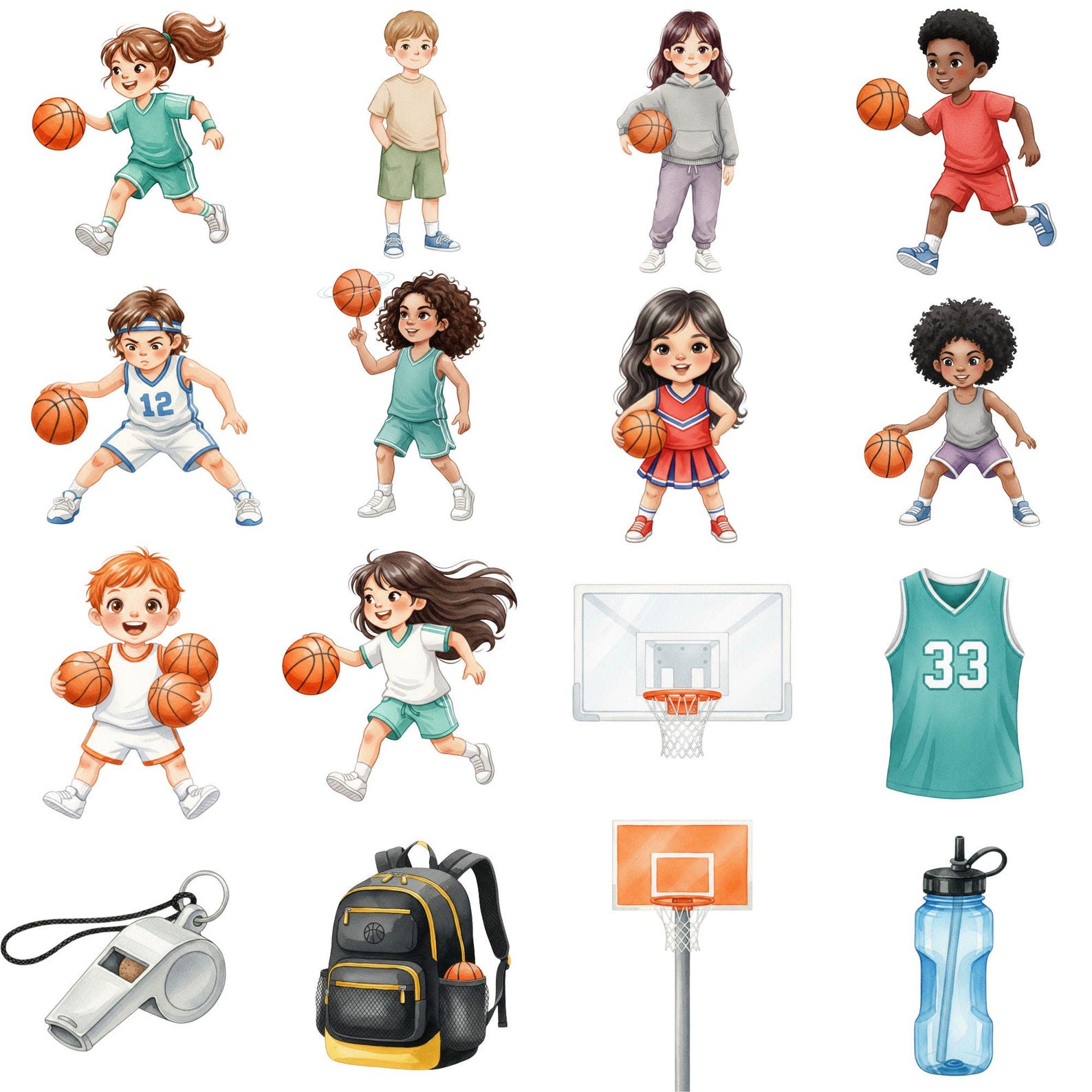 Basketball Kids Clipart, Watercolor Basketball PNG, Sports Clipart Set ...