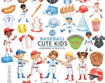 以下が含まれることがあります： 野球をテーマにした要素と子供たちの水彩イラスト。野球ボール、グローブ、バット、ヘルメット、ユニフォーム、野球場が含まれています。「Baseball Cute Kids」と書かれています。