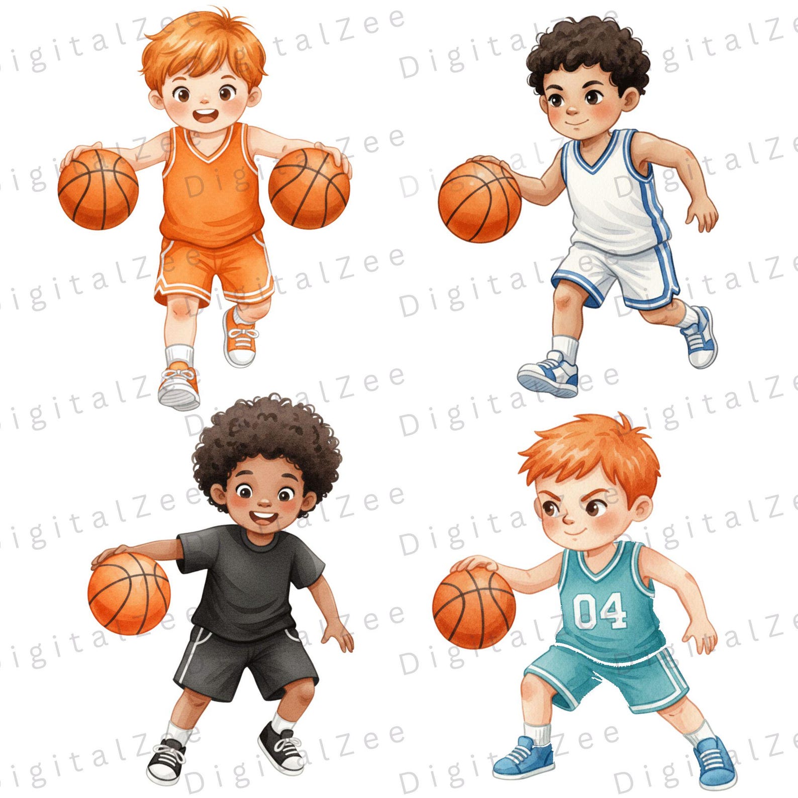 Basketball Kids Clipart, Watercolor Basketball PNG, Sports Clipart Set ...