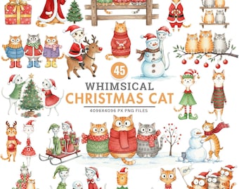 Christmas Cat Clipart, Whimsical Cat PNG, Funny Holiday Cats, Quirky Watercolor Cat Art, Santa Kitten PNG, Cute Festive Cat, Commercial Use