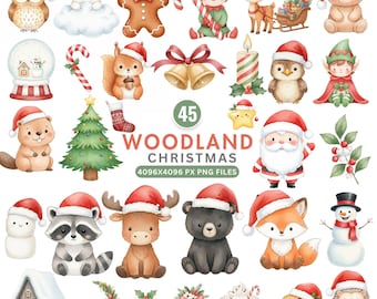 以下が含まれることがあります： 森のクリスマスをテーマにした45点の水彩イラストのコレクション。サンタクロース、サンタ帽をかぶった森の動物、ジンジャーブレッドマン、クリスマスツリー、その他のお祝いの要素が含まれています。「WOODLAND CHRISTMAS」の文字が表示されています。
