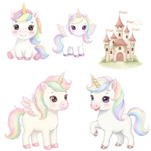 Rainbow unicorn digital art set in watercolor style for invitations crafts and nursery themes