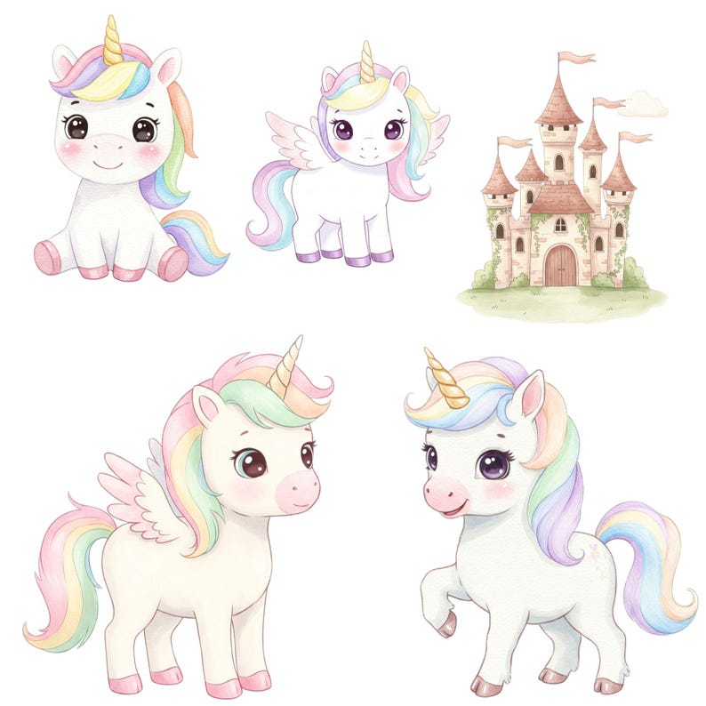 Rainbow unicorn digital art set in watercolor style for invitations crafts and nursery themes