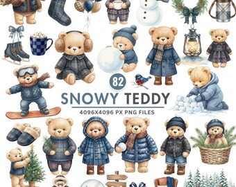 Winter Teddy Bears Clipart, Cute Christmas PNG, Watercolor Teddy Bear Art, Festive Holiday Bears, Nursery Clipart, Commercial Use Cliparts