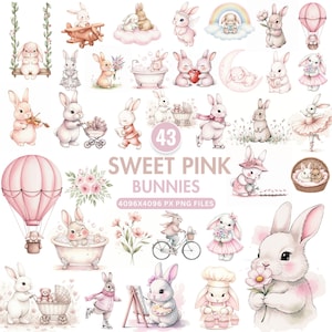 Pink Bunny Clipart, Boho Bunny PNG, Ballerina Bunny Clipart, Watercolor Rabbit, Baby Shower Bunny, Sweet Bunny, Sleeping Bunny Nursery Art