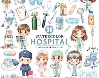 Schattig ziekenhuis clipart, medische png, verpleegkundige en arts clipart, gezondheidsplanner, aquarel medische elementen, caduceus, commercieel gebruik cliparts