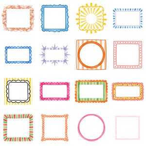 Set of whimsical watercolor frames with playful doodle borders and colorful shapes, perfect for invitation designs, greeting cards, digital scrapbooking, and printable crafts.