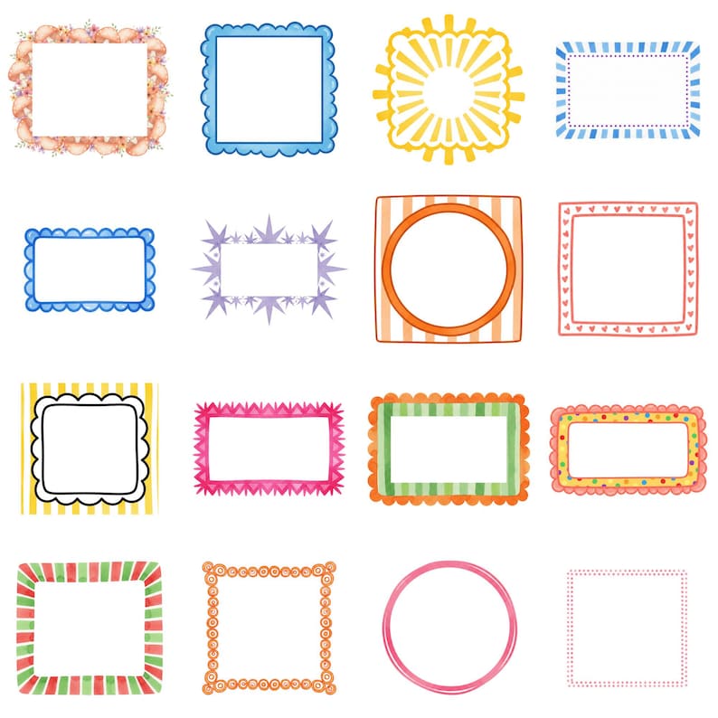 Set of whimsical watercolor frames with playful doodle borders and colorful shapes, perfect for invitation designs, greeting cards, digital scrapbooking, and printable crafts.
