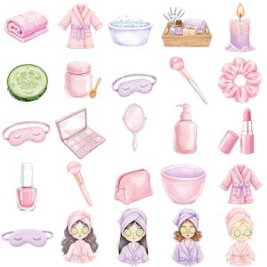 Watercolor spa clipart with cute spa girls, manicure tools, and self care elements in pastel colors.