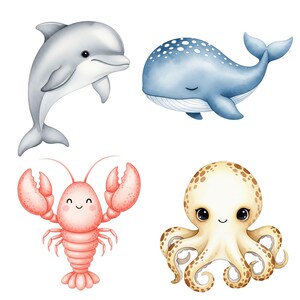 Watercolor marine animals set with octopus, whale, and jellyfish in cute cartoon style