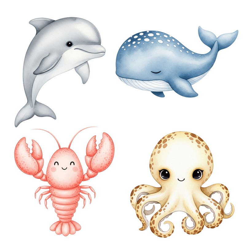 Watercolor marine animals set with octopus, whale, and jellyfish in cute cartoon style