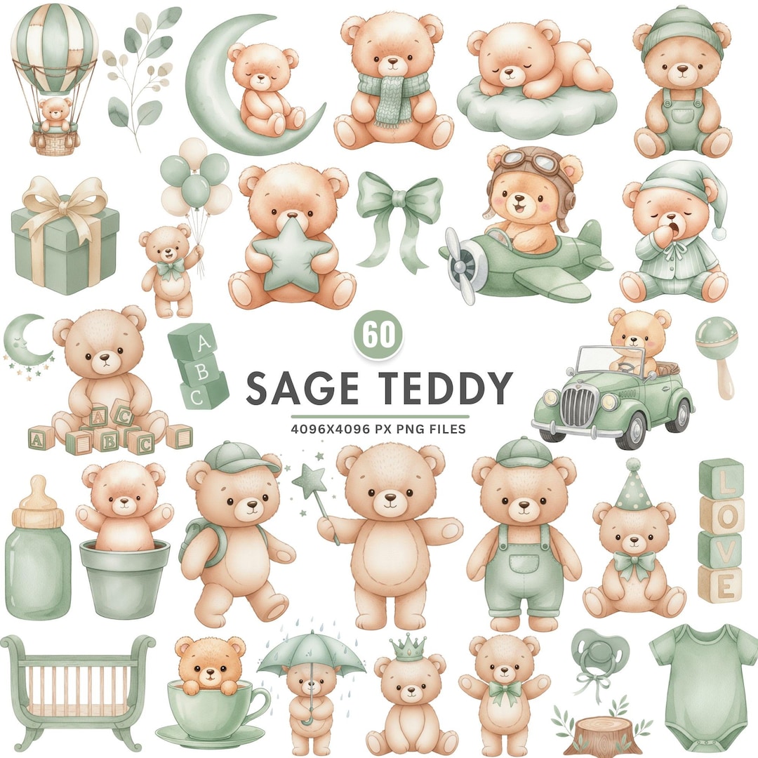 Teddy Bear Clipart, Green Sage Teddy PNG, Baby Shower Clipart, Nursery ...