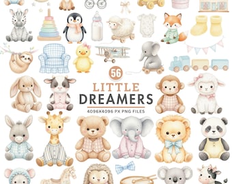 Watercolor Nursery Clipart, Grandmillennial Toy PNG, Vintage Baby Animals, Neutral Playroom Decor, Plush Teddy Bear, Baby Shower Clipart Set